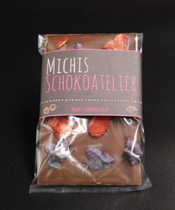 Costa Rica-Schokolade (40% Kakaoanteil) mit Erdbeeren & kristallisierten Veilchen