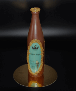 Bierflasche aus Vollmilch-Schokolade (40% Kakaoanteil) mit Aufleger