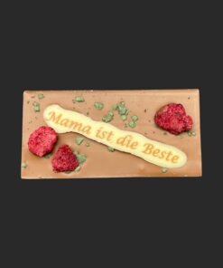 Muttertags-Schokoladentafel aus Costa-Rica-Vollmilchkuvertüre, mit weißem Schriftzug – handgefertigt in Michis Schokoatelier in Frankfurt