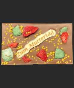 Muttertags-Schokoladentafel aus Costa-Rica-Vollmilchkuvertüre, mit weißem Schriftzug – handgefertigt in Michis Schokoatelier in Frankfurt