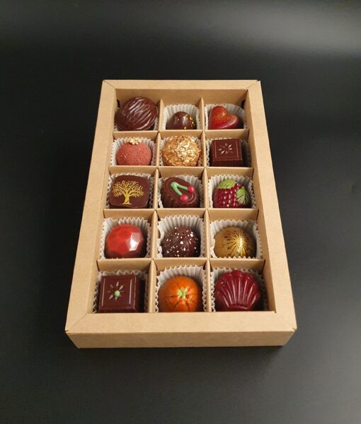 Geschenkschachtel mit 15 veganen Pralinen, Pralinenhülle aus Zartbitterschokolade