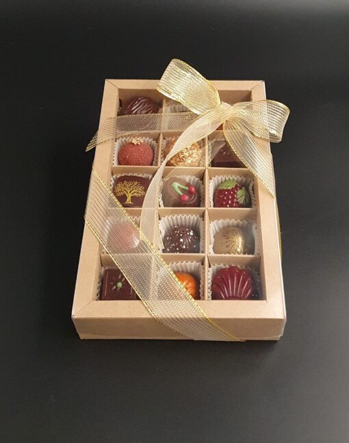 Geschenkschachtel verpackt, Inhalt: 15 vegane Pralinen mit Hülle aus Zartbitter-Schokolade