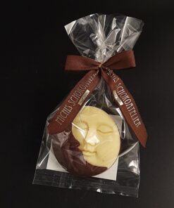Sonne & Mond-Taler aus weißer, zartbitterer und Vollmilch-Schokolade, verpackt
