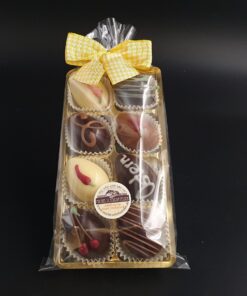 Exklusiven Osterei-Pralinen aus Edelkakao-Schokoladen mit verschiedenen Verzierungen und Füllungen im 8er Blister, verpackt